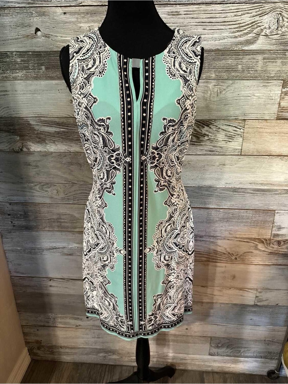 Sandra Darren Mint Paisley Sheath Dress with Black Accents